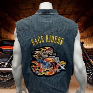 Wrangler Blue Denim Embroidered Back Patch "Rage Riders" Biker Motorcycle Vest L